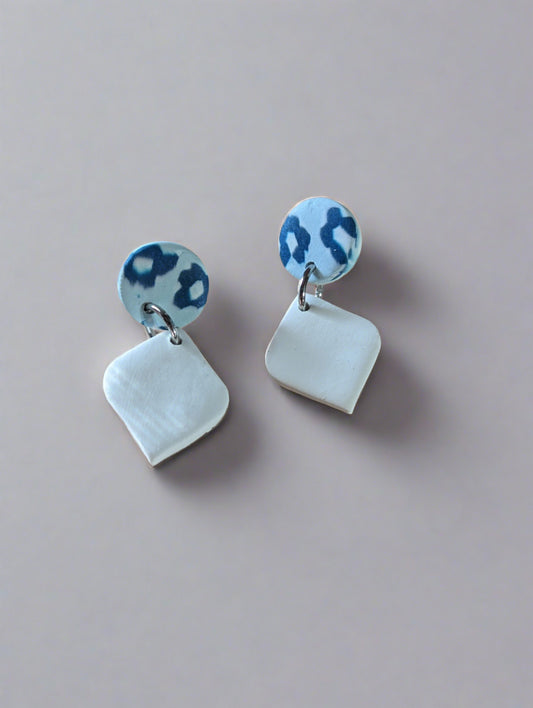 Blue Flower and White Dangle Studs